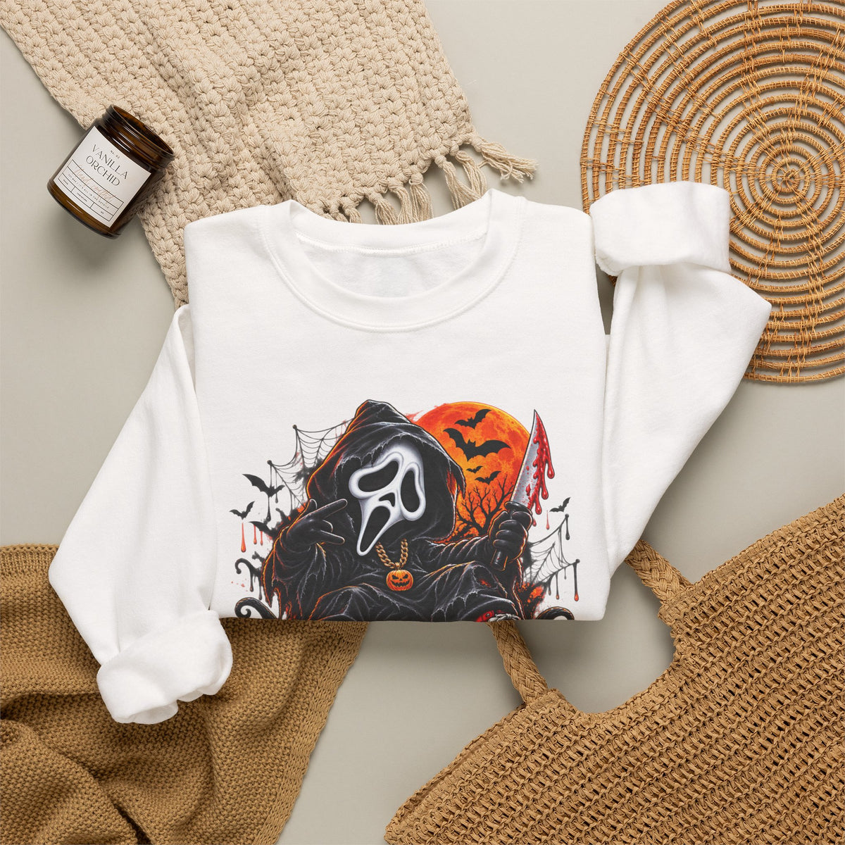 Halloween Ghost Face Pumpkin Crewneck Sweatshirt