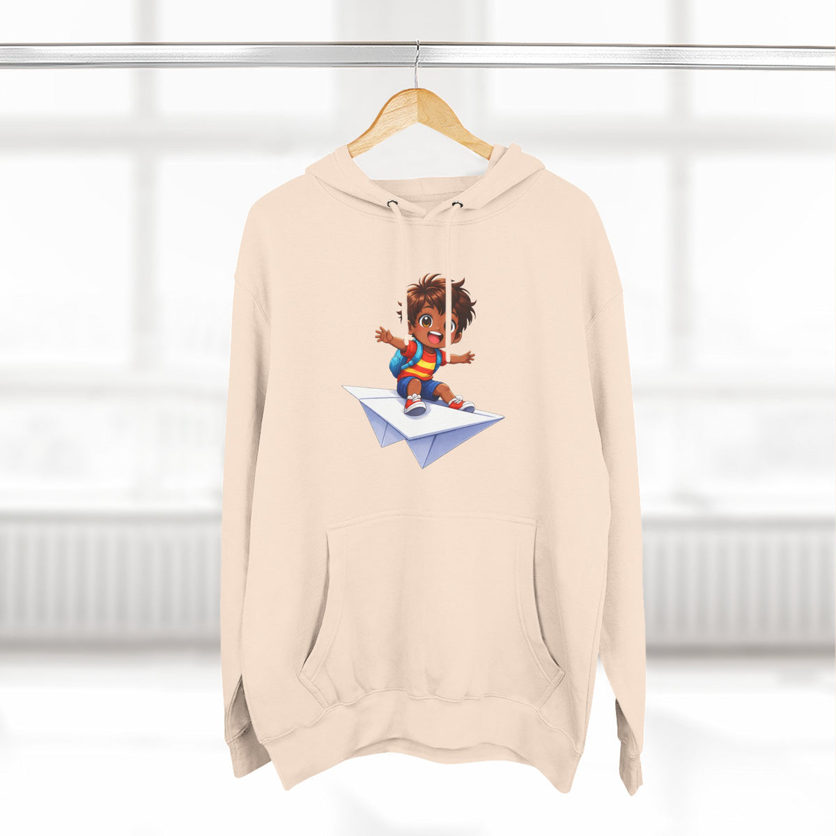 Kid Surfing Paper Plane Hoodie - Cute Cartoon Boy Graphic Pullover