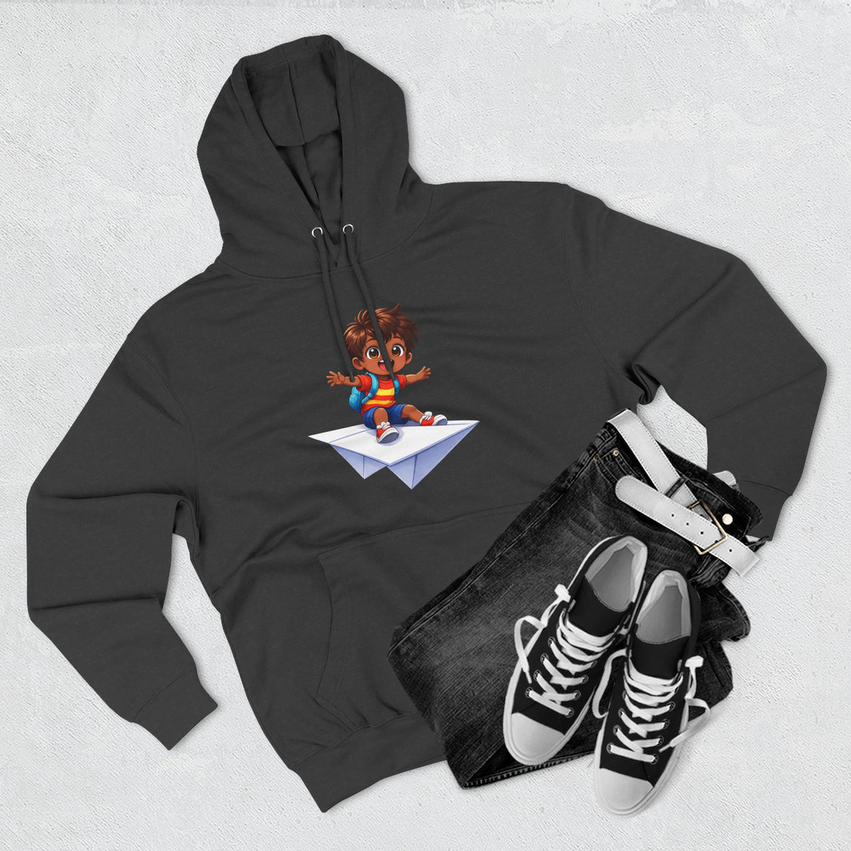 Kid Surfing Paper Plane Hoodie - Cute Cartoon Boy Graphic Pullover