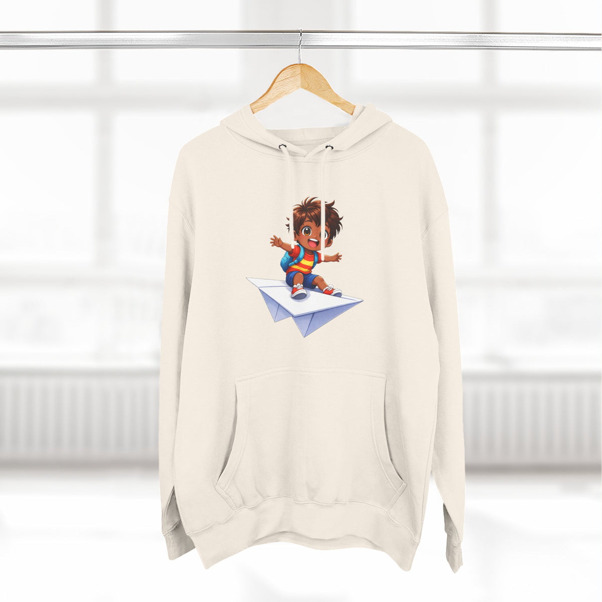 Kid Surfing Paper Plane Hoodie - Cute Cartoon Boy Graphic Pullover