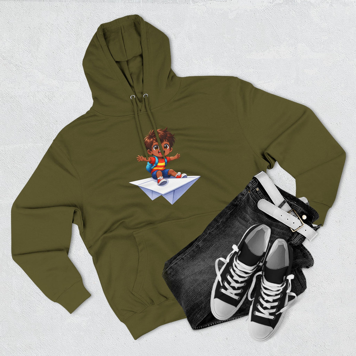 Kid Surfing Paper Plane Hoodie - Cute Cartoon Boy Graphic Pullover