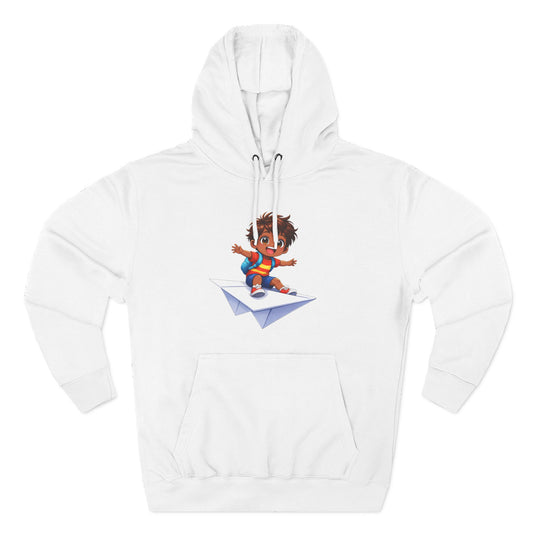 Kid Surfing Paper Plane Hoodie - Cute Cartoon Boy Graphic Pullover