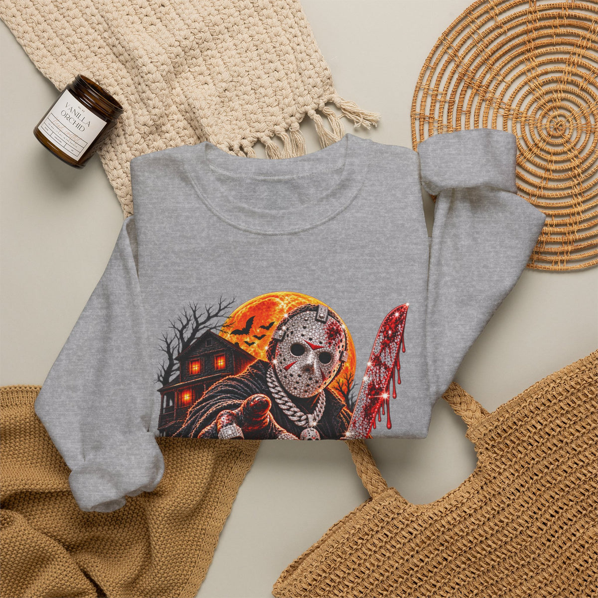 Halloween Slasher Crewneck Sweatshirt — Retro Jason Mask, Pumpkins & Blood Drip Graphic