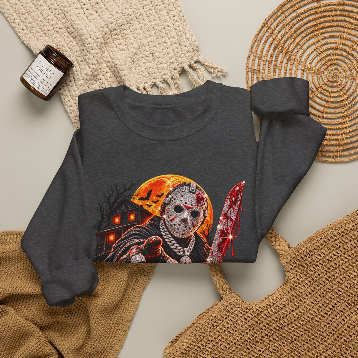 Halloween Slasher Crewneck Sweatshirt — Retro Jason Mask, Pumpkins & Blood Drip Graphic