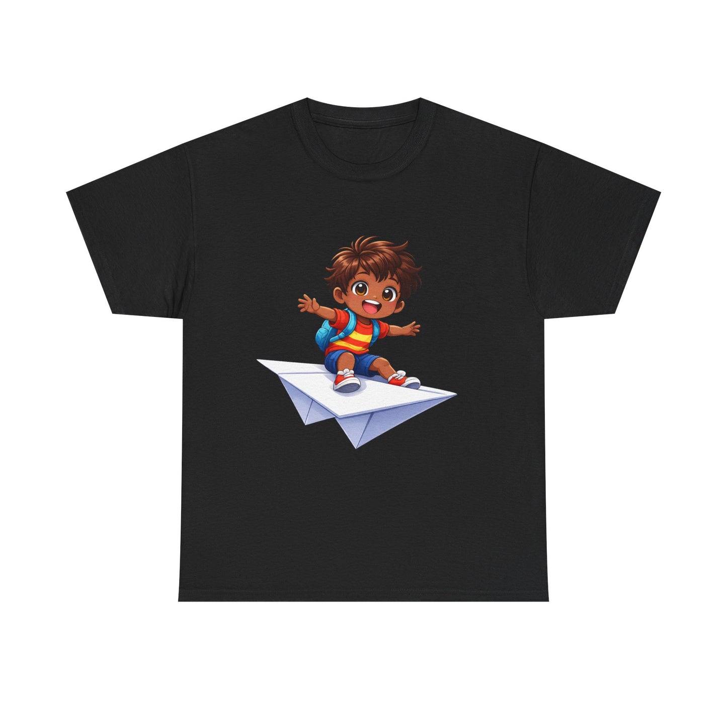 Kids Tee — Boy Riding Paper Airplane Cute Adventure Graphic Shirt