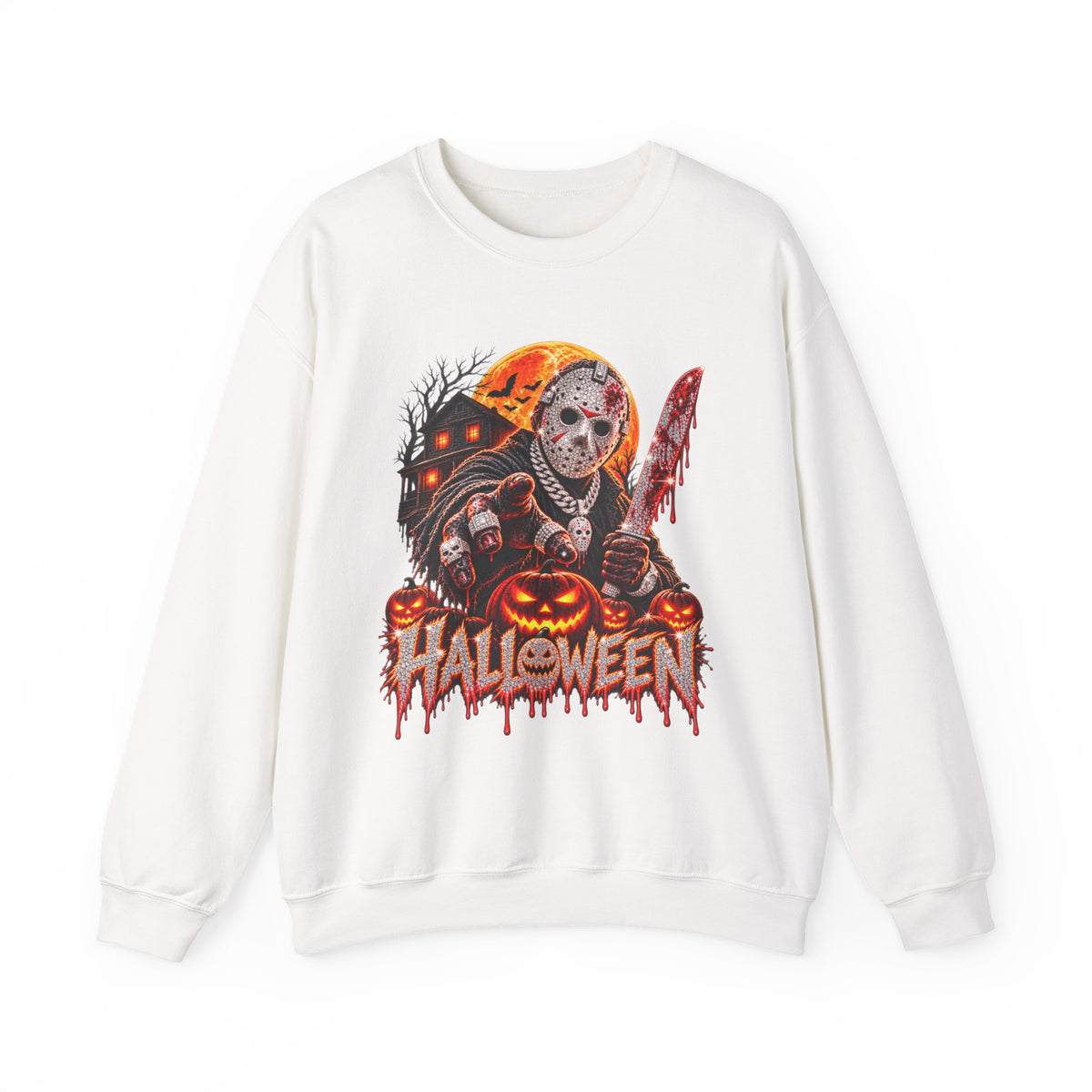 Halloween Slasher Crewneck Sweatshirt — Retro Jason Mask, Pumpkins & Blood Drip Graphic