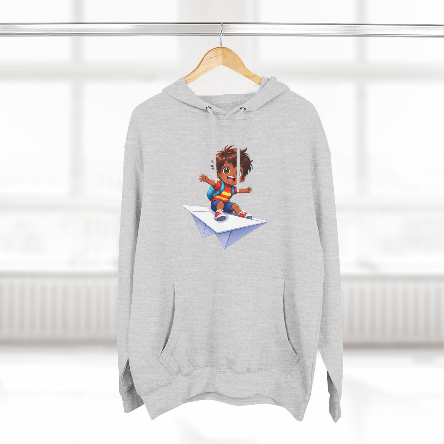 Kid Surfing Paper Plane Hoodie - Cute Cartoon Boy Graphic Pullover
