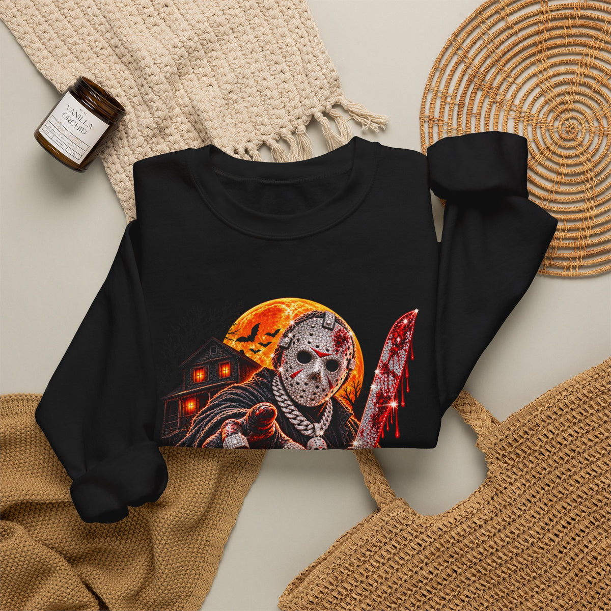 Halloween Slasher Crewneck Sweatshirt — Retro Jason Mask, Pumpkins & Blood Drip Graphic