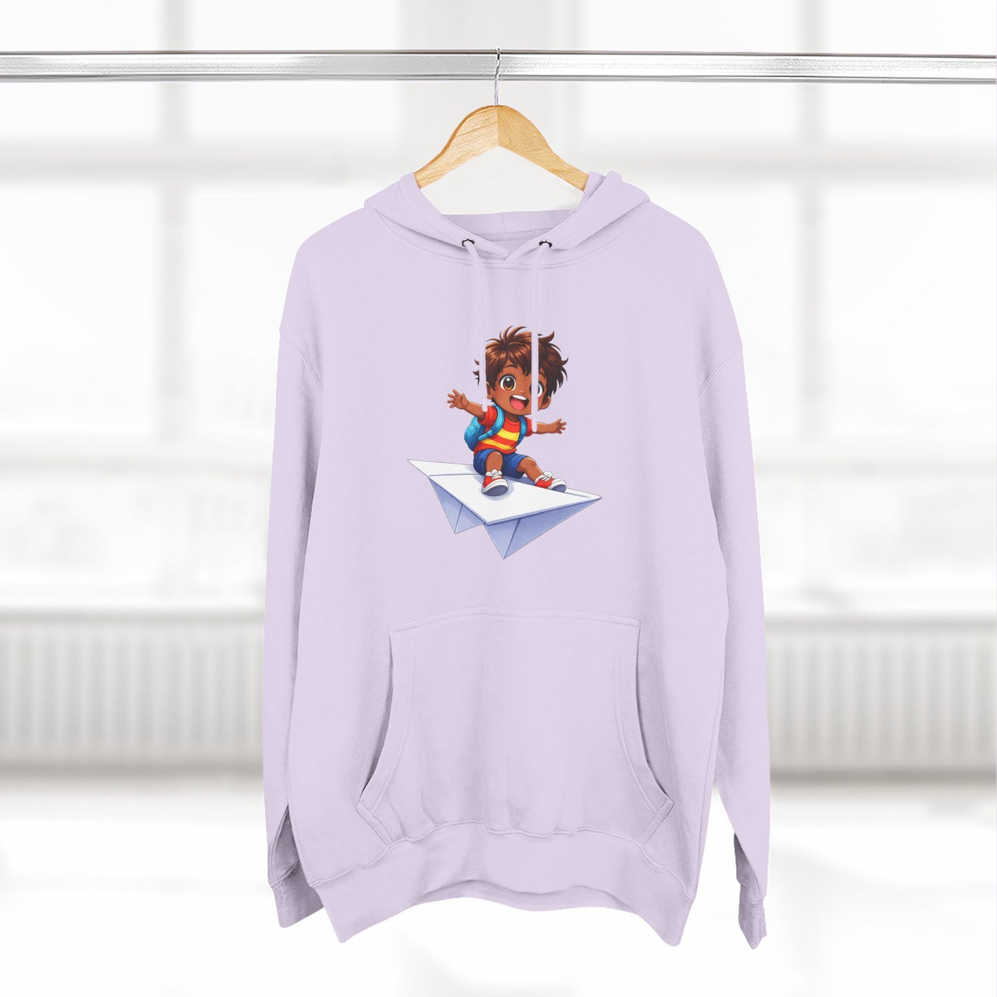 Kid Surfing Paper Plane Hoodie - Cute Cartoon Boy Graphic Pullover