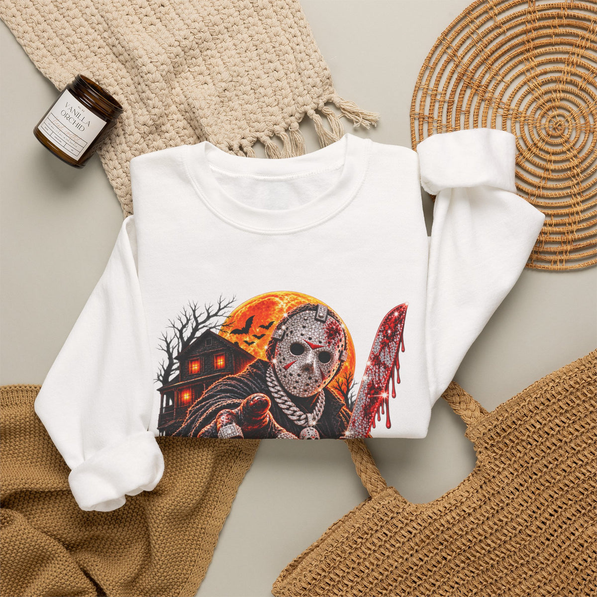 Halloween Slasher Crewneck Sweatshirt — Retro Jason Mask, Pumpkins & Blood Drip Graphic
