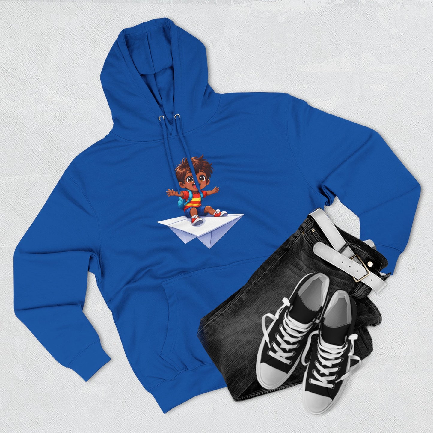 Kid Surfing Paper Plane Hoodie - Cute Cartoon Boy Graphic Pullover