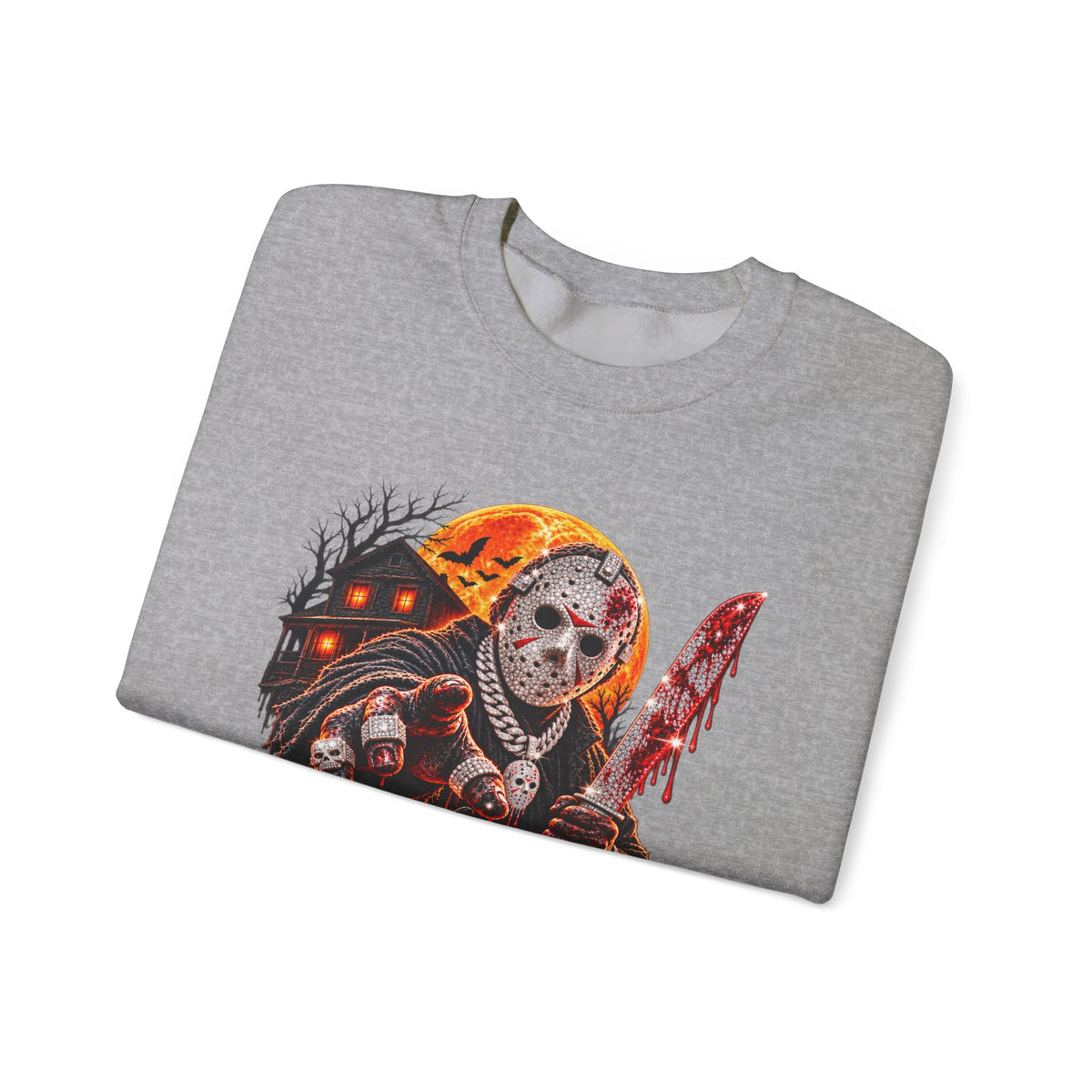 Halloween Slasher Crewneck Sweatshirt — Retro Jason Mask, Pumpkins & Blood Drip Graphic