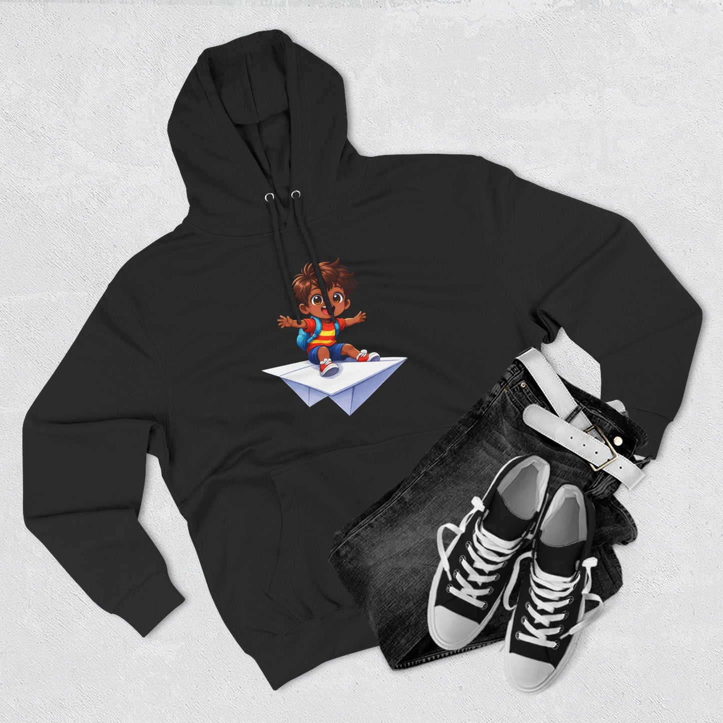 Kid Surfing Paper Plane Hoodie - Cute Cartoon Boy Graphic Pullover
