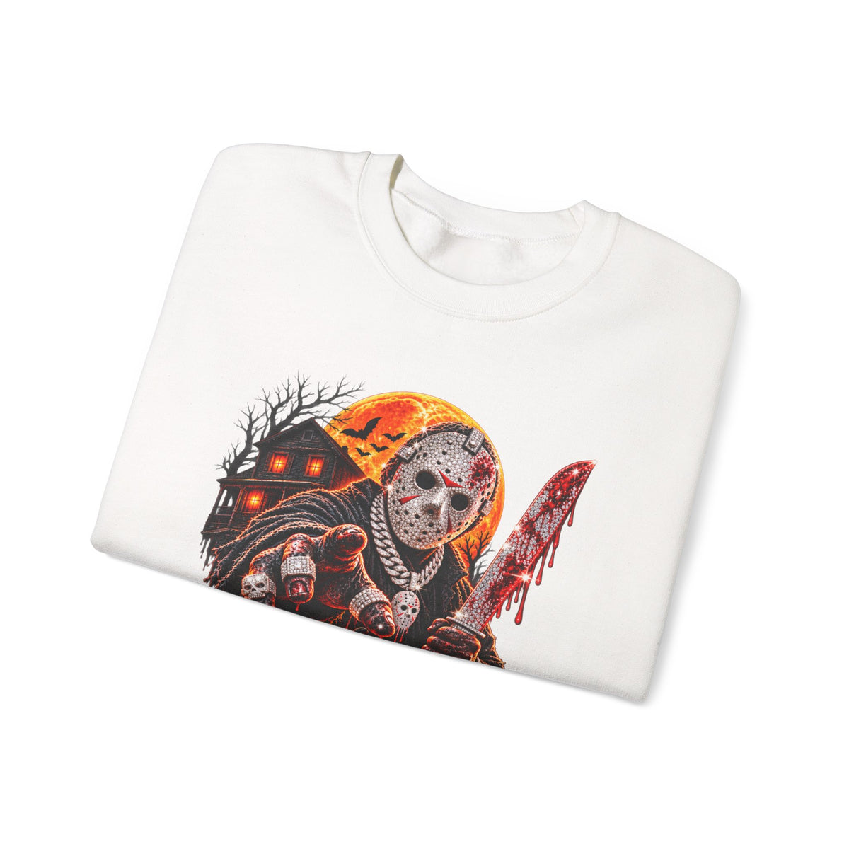 Halloween Slasher Crewneck Sweatshirt — Retro Jason Mask, Pumpkins & Blood Drip Graphic