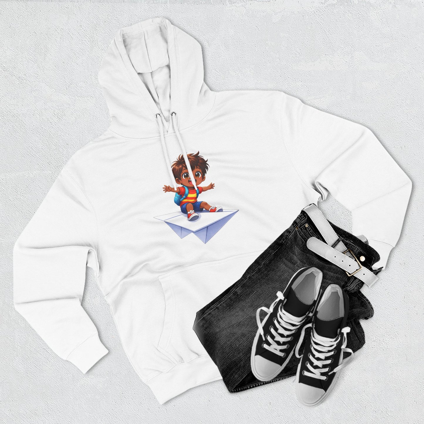 Kid Surfing Paper Plane Hoodie - Cute Cartoon Boy Graphic Pullover