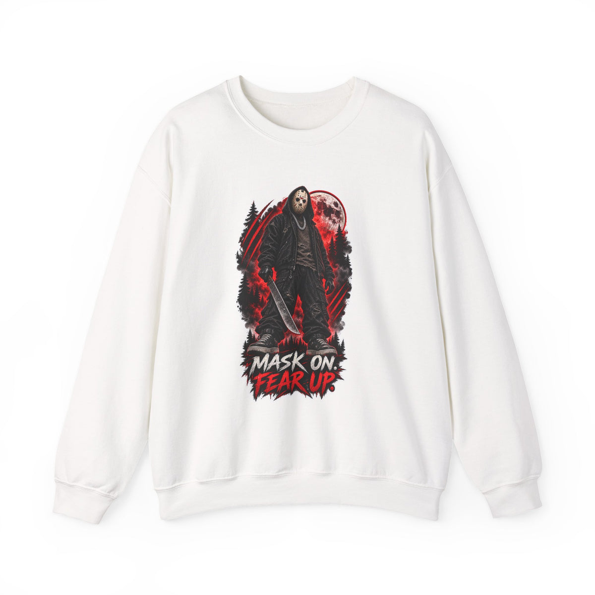 Horror Mask Graphic Sweatshirt — "Mask On Fear Up" Crewneck