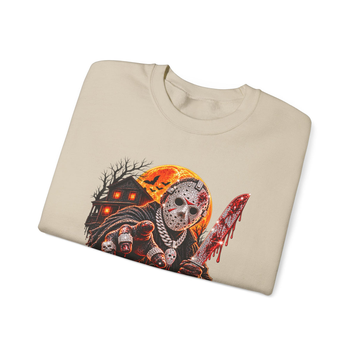 Halloween Slasher Crewneck Sweatshirt — Retro Jason Mask, Pumpkins & Blood Drip Graphic