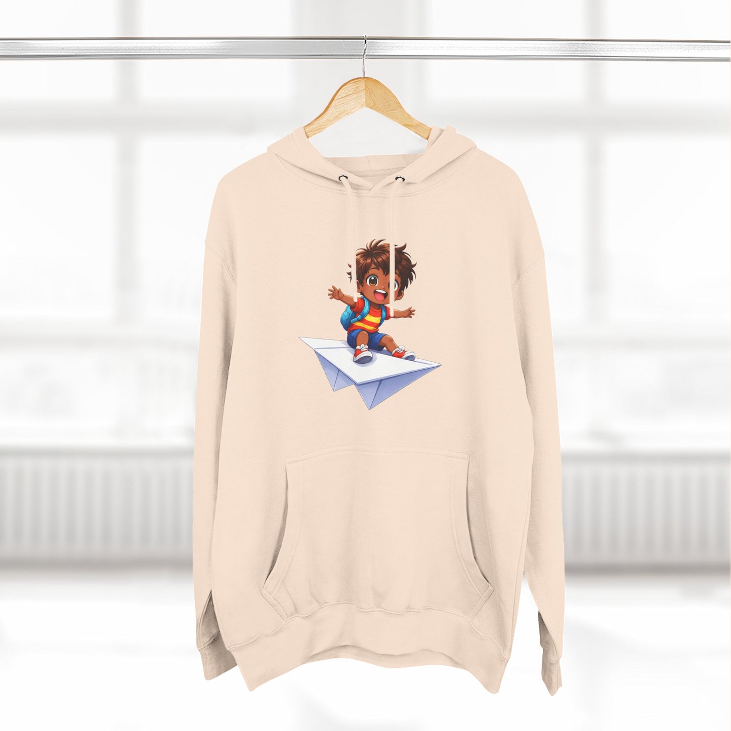 Kid Surfing Paper Plane Hoodie - Cute Cartoon Boy Graphic Pullover