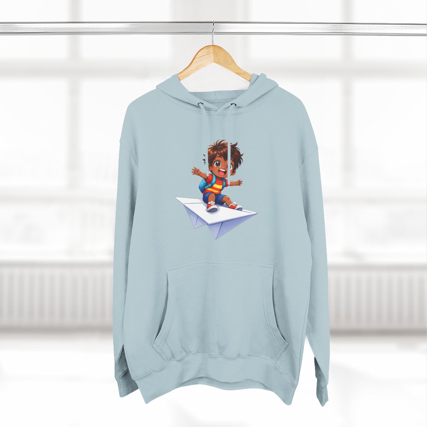 Kid Surfing Paper Plane Hoodie - Cute Cartoon Boy Graphic Pullover
