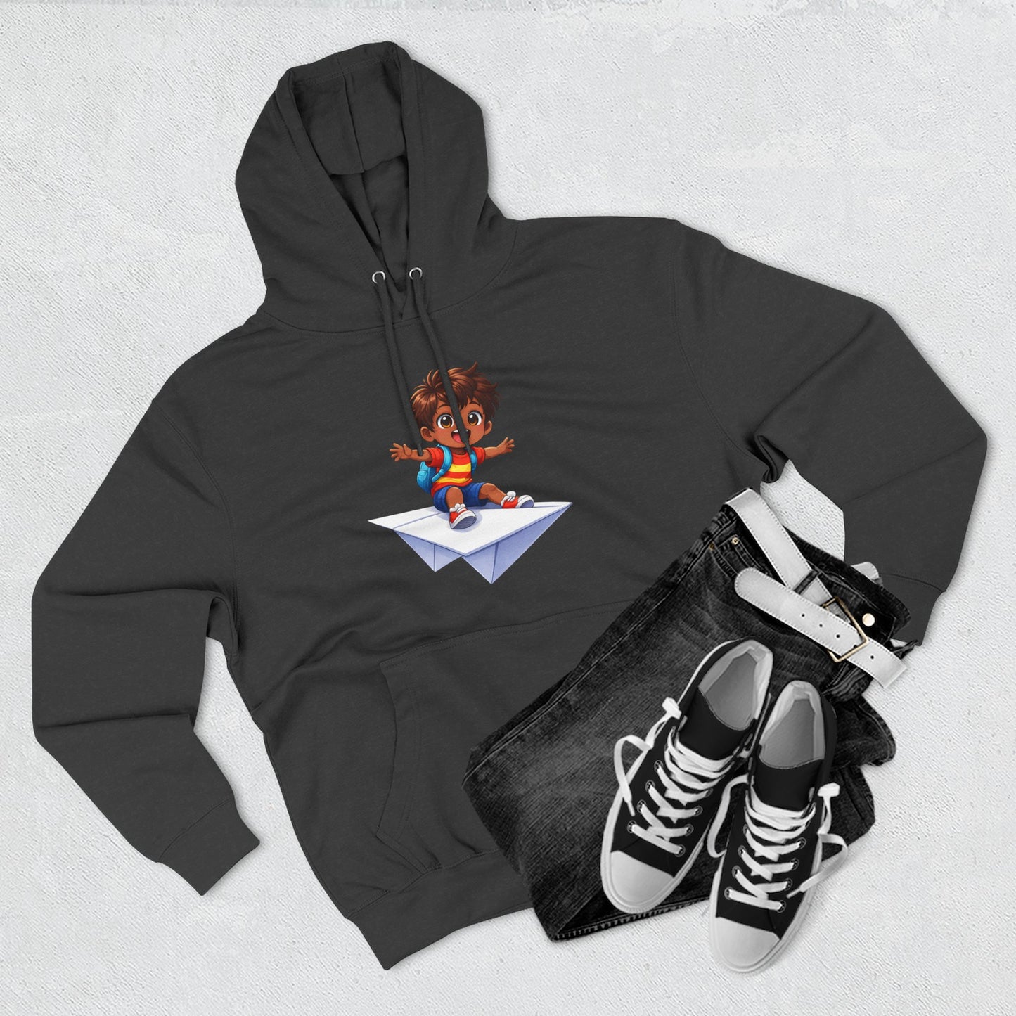 Kid Surfing Paper Plane Hoodie - Cute Cartoon Boy Graphic Pullover