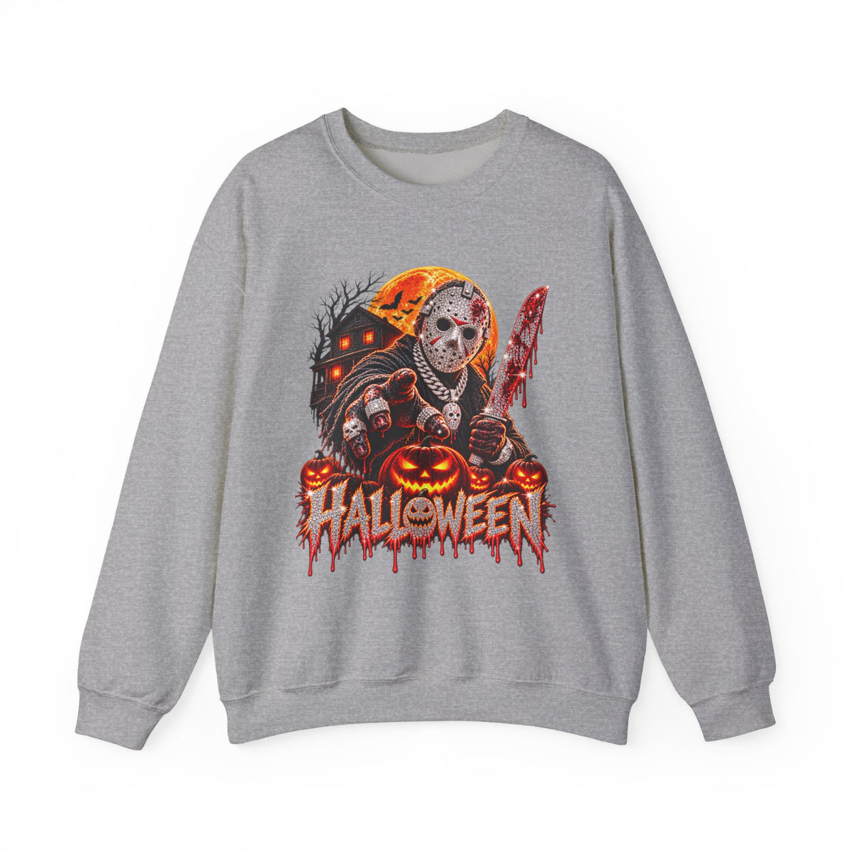 Halloween Slasher Crewneck Sweatshirt — Retro Jason Mask, Pumpkins & Blood Drip Graphic