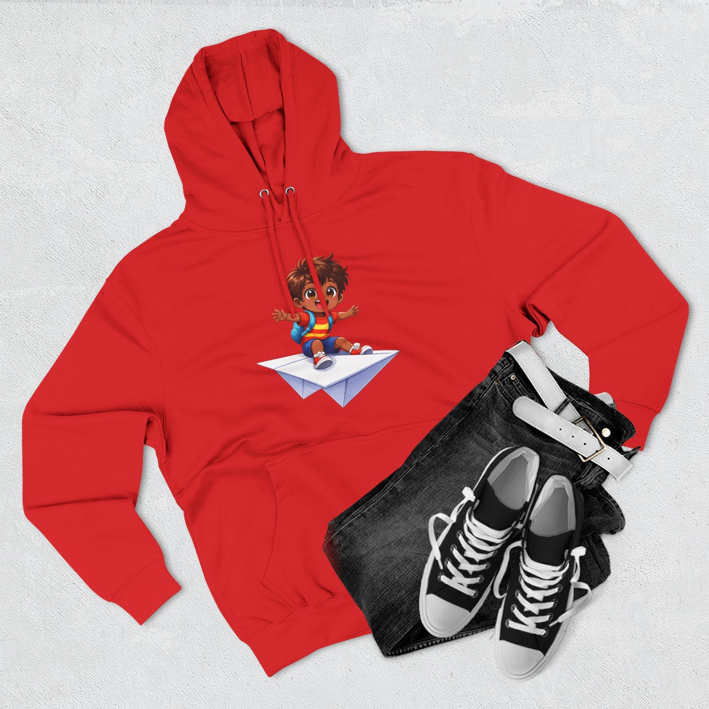 Kid Surfing Paper Plane Hoodie - Cute Cartoon Boy Graphic Pullover