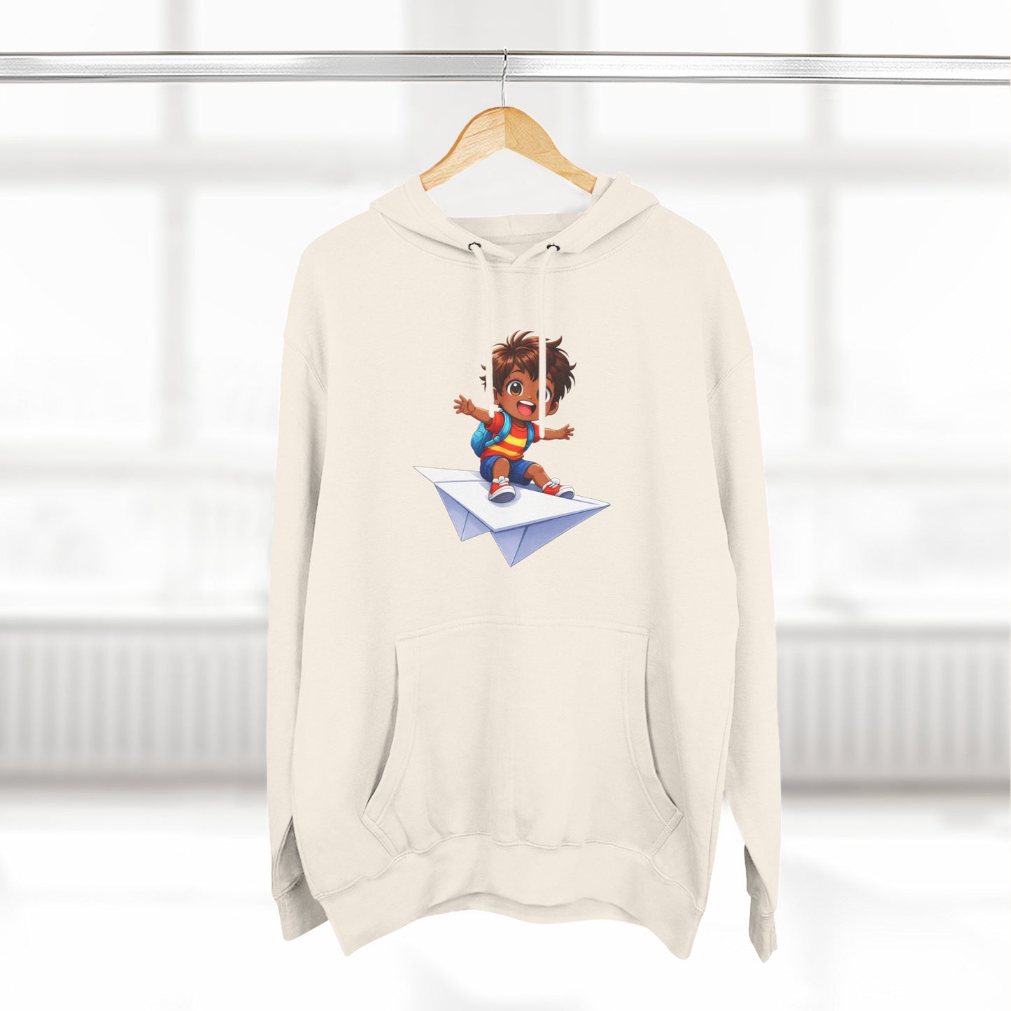 Kid Surfing Paper Plane Hoodie - Cute Cartoon Boy Graphic Pullover
