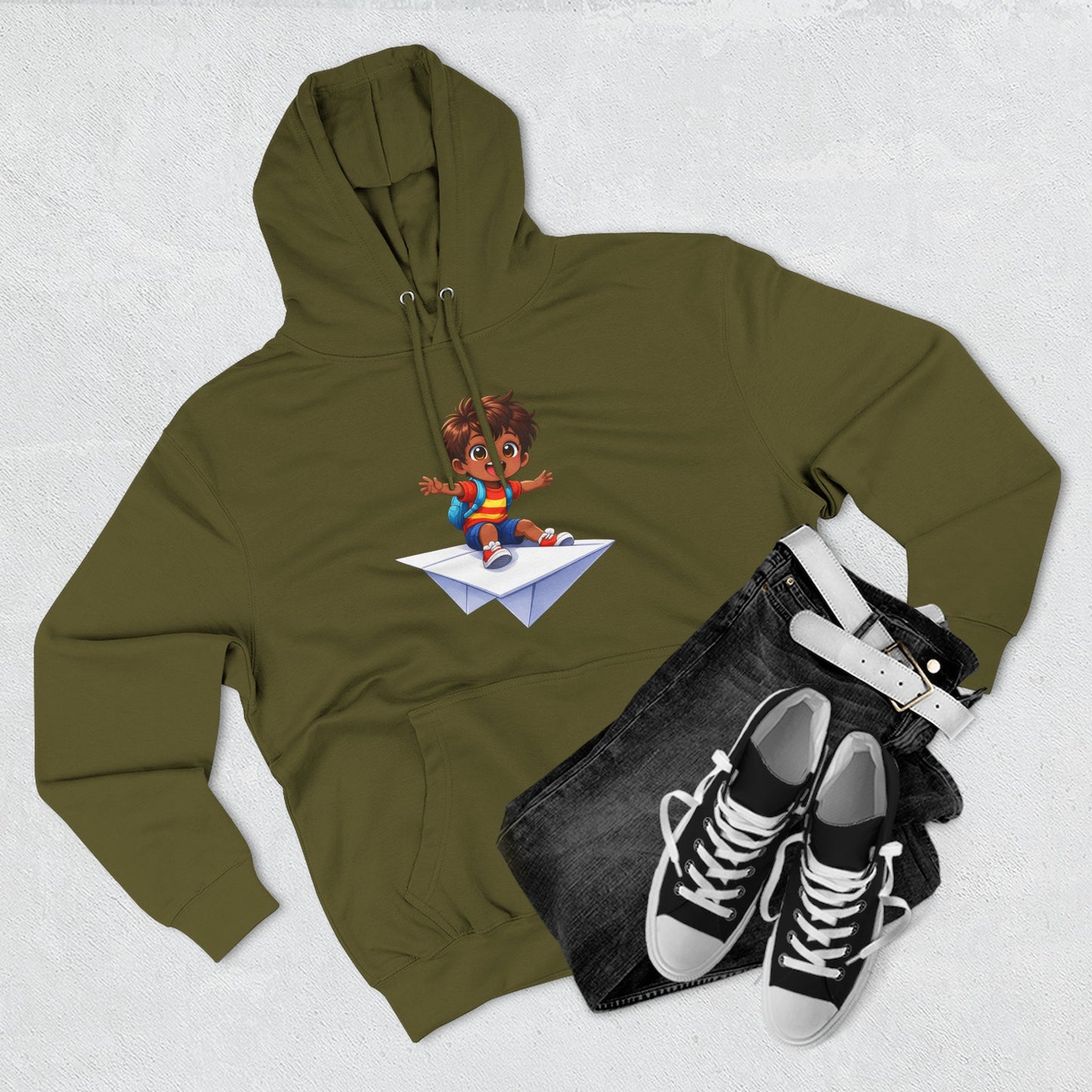 Kid Surfing Paper Plane Hoodie - Cute Cartoon Boy Graphic Pullover