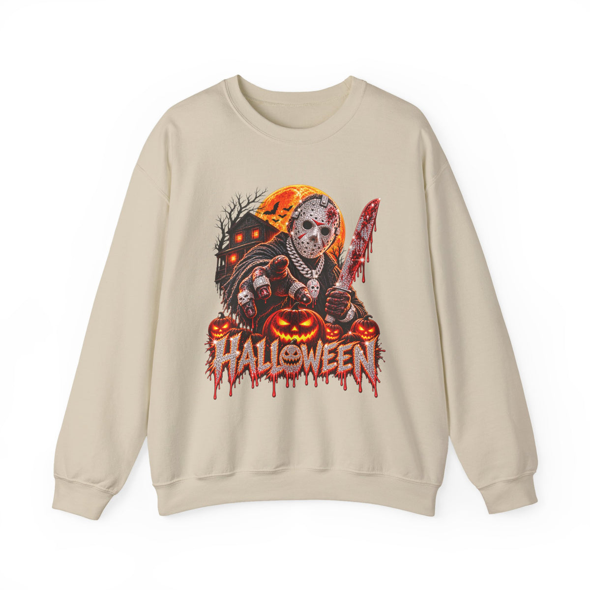 Halloween Slasher Crewneck Sweatshirt — Retro Jason Mask, Pumpkins & Blood Drip Graphic