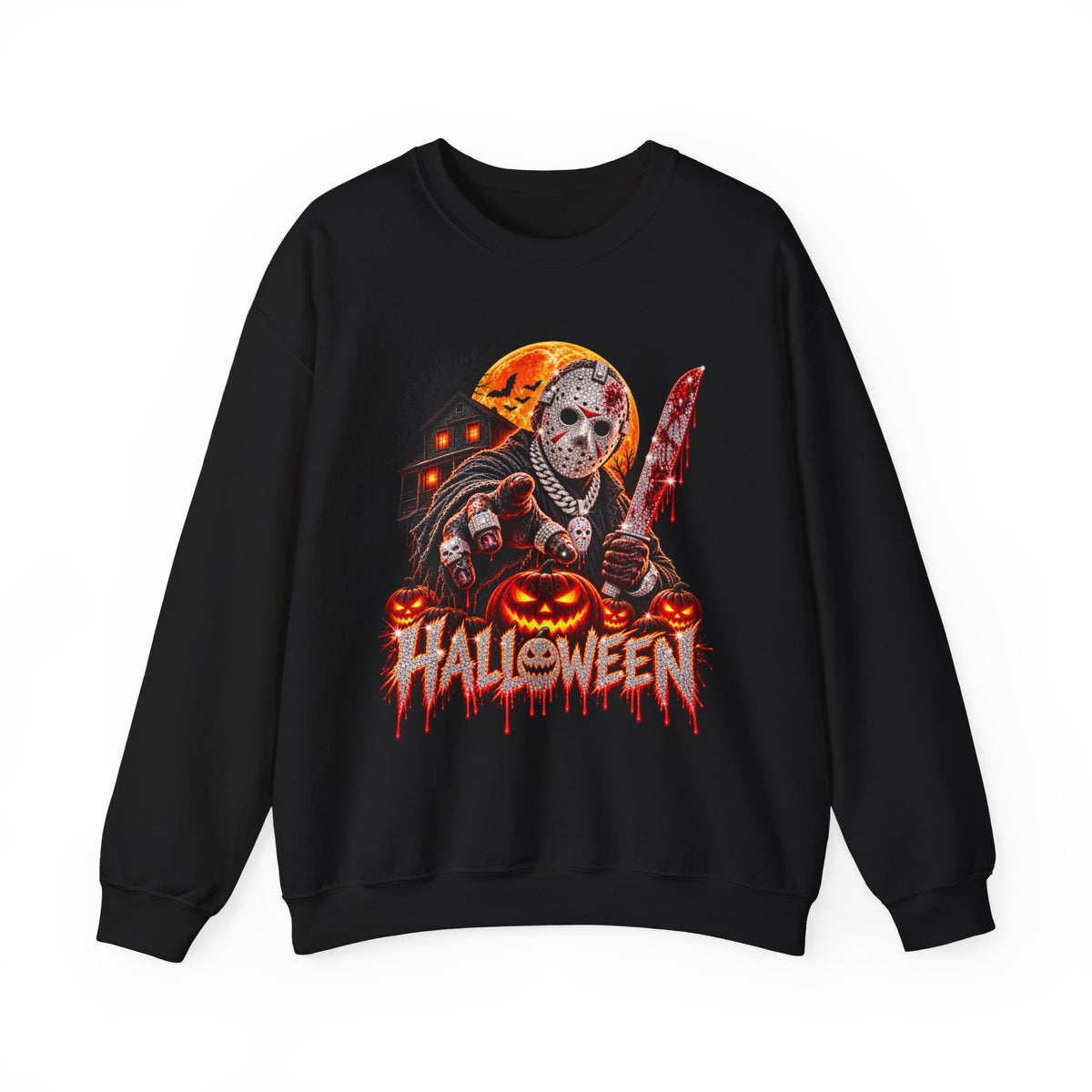 Halloween Slasher Crewneck Sweatshirt — Retro Jason Mask, Pumpkins & Blood Drip Graphic