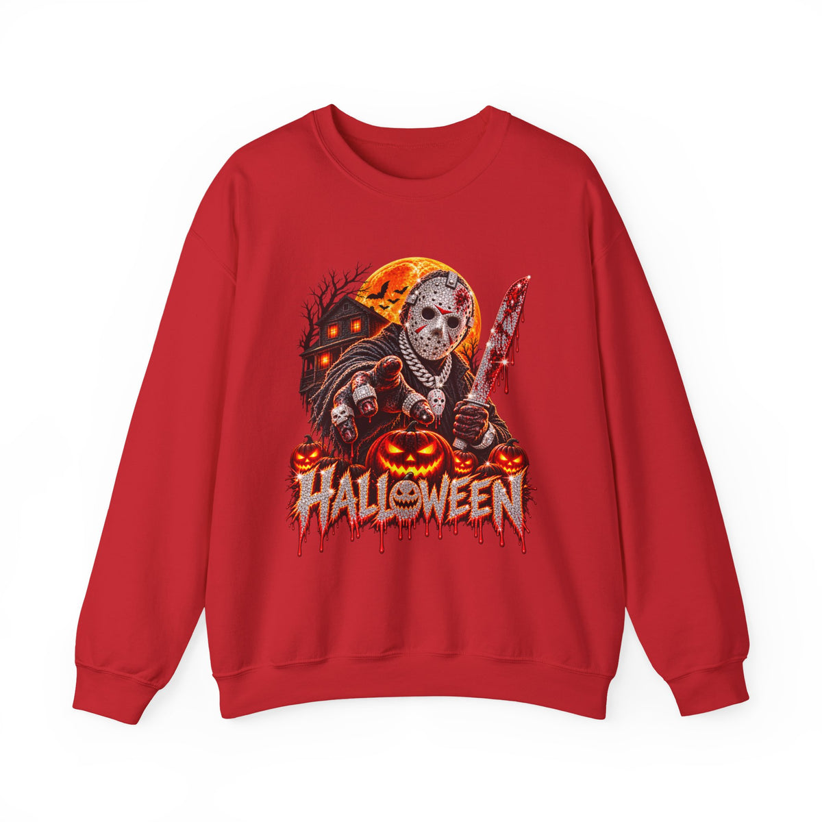 Halloween Slasher Crewneck Sweatshirt — Retro Jason Mask, Pumpkins & Blood Drip Graphic