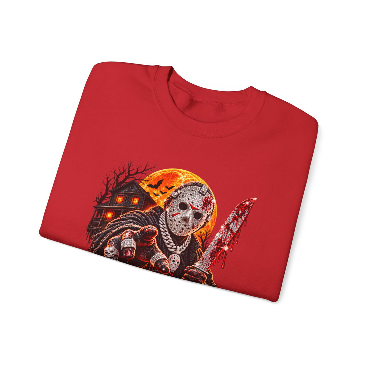 Halloween Slasher Crewneck Sweatshirt — Retro Jason Mask, Pumpkins & Blood Drip Graphic