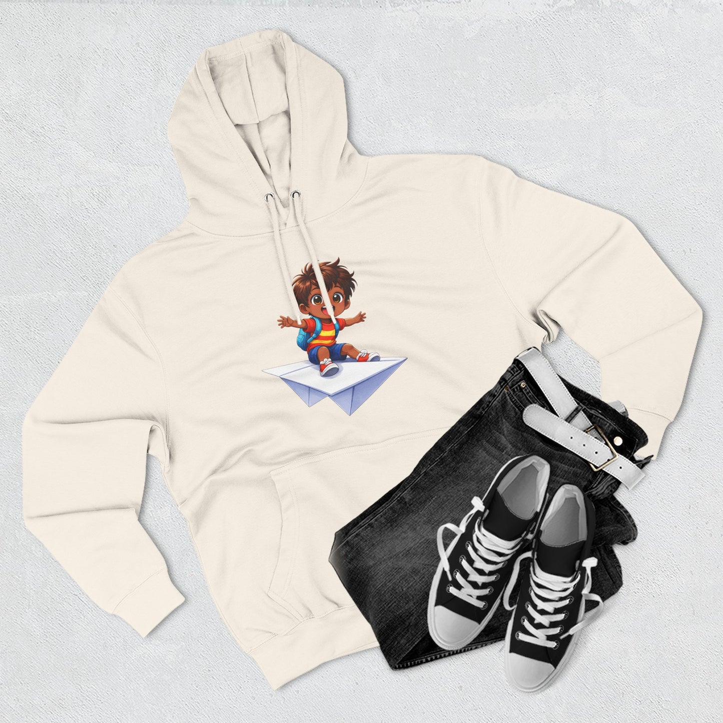Kid Surfing Paper Plane Hoodie - Cute Cartoon Boy Graphic Pullover