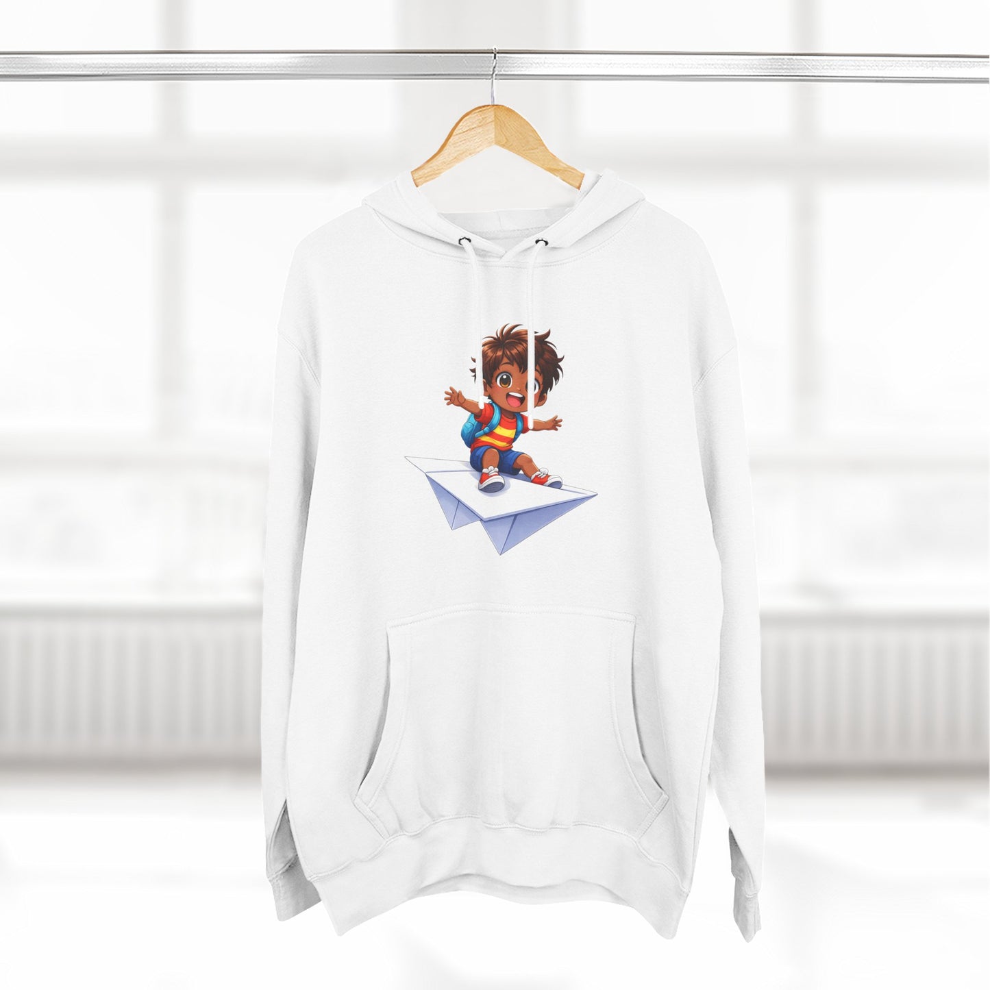 Kid Surfing Paper Plane Hoodie - Cute Cartoon Boy Graphic Pullover