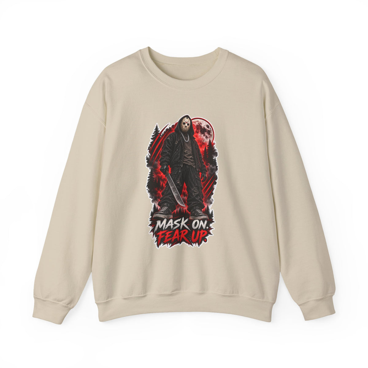 Horror Mask Graphic Sweatshirt — "Mask On Fear Up" Crewneck