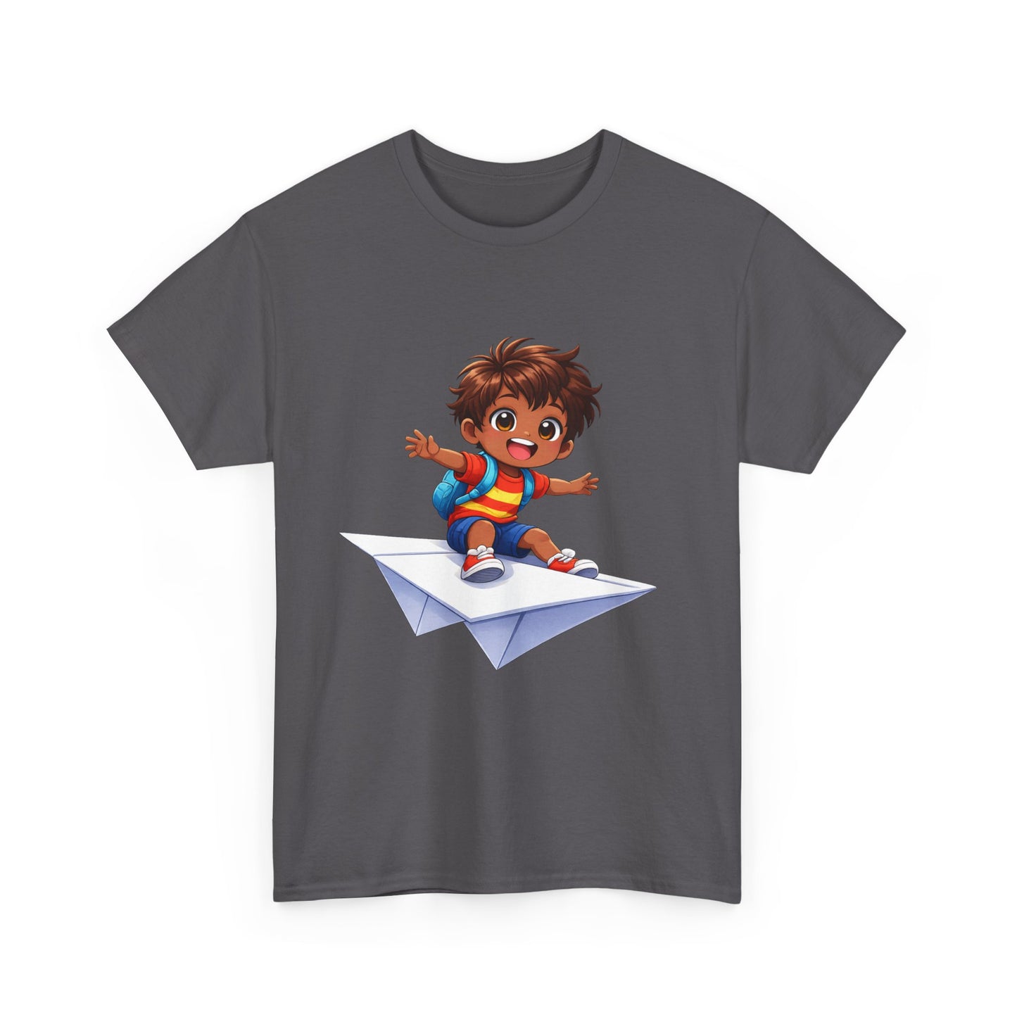 Kids Tee — Boy Riding Paper Airplane Cute Adventure Graphic Shirt