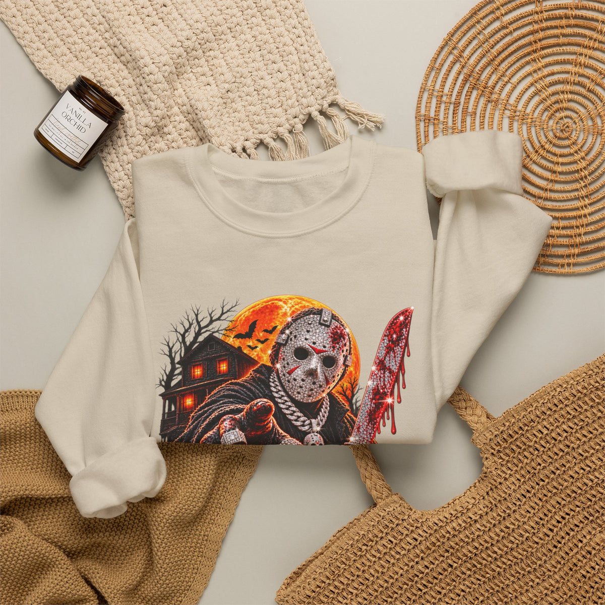 Halloween Slasher Crewneck Sweatshirt — Retro Jason Mask, Pumpkins & Blood Drip Graphic
