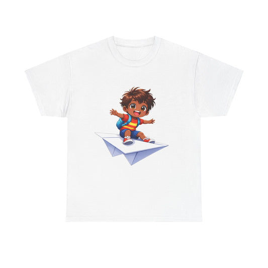 Kids Tee — Boy Riding Paper Airplane Cute Adventure Graphic Shirt