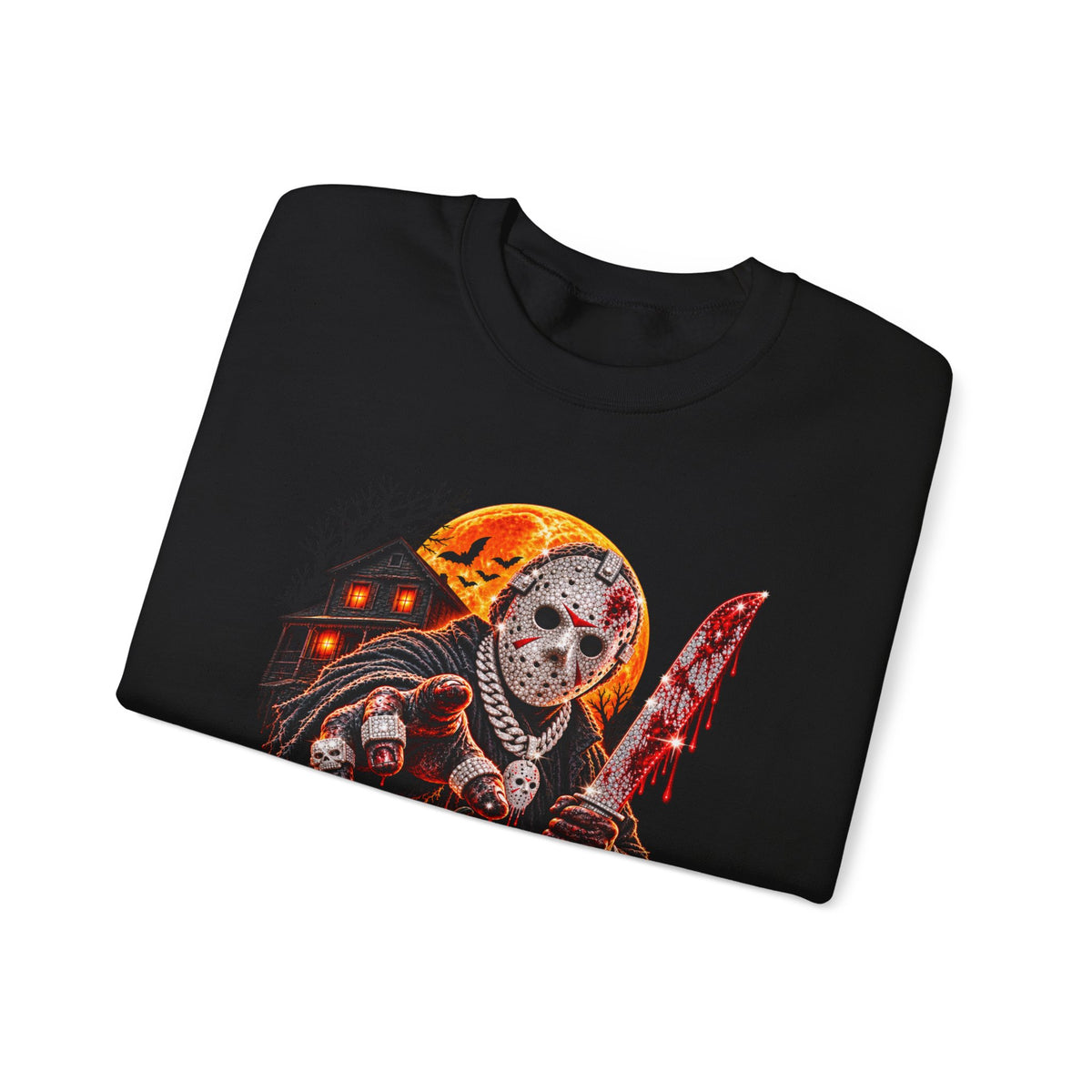 Halloween Slasher Crewneck Sweatshirt — Retro Jason Mask, Pumpkins & Blood Drip Graphic