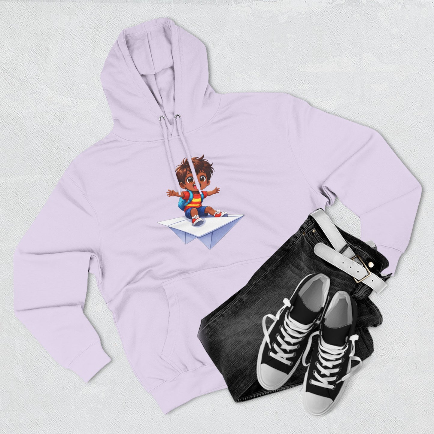 Kid Surfing Paper Plane Hoodie - Cute Cartoon Boy Graphic Pullover