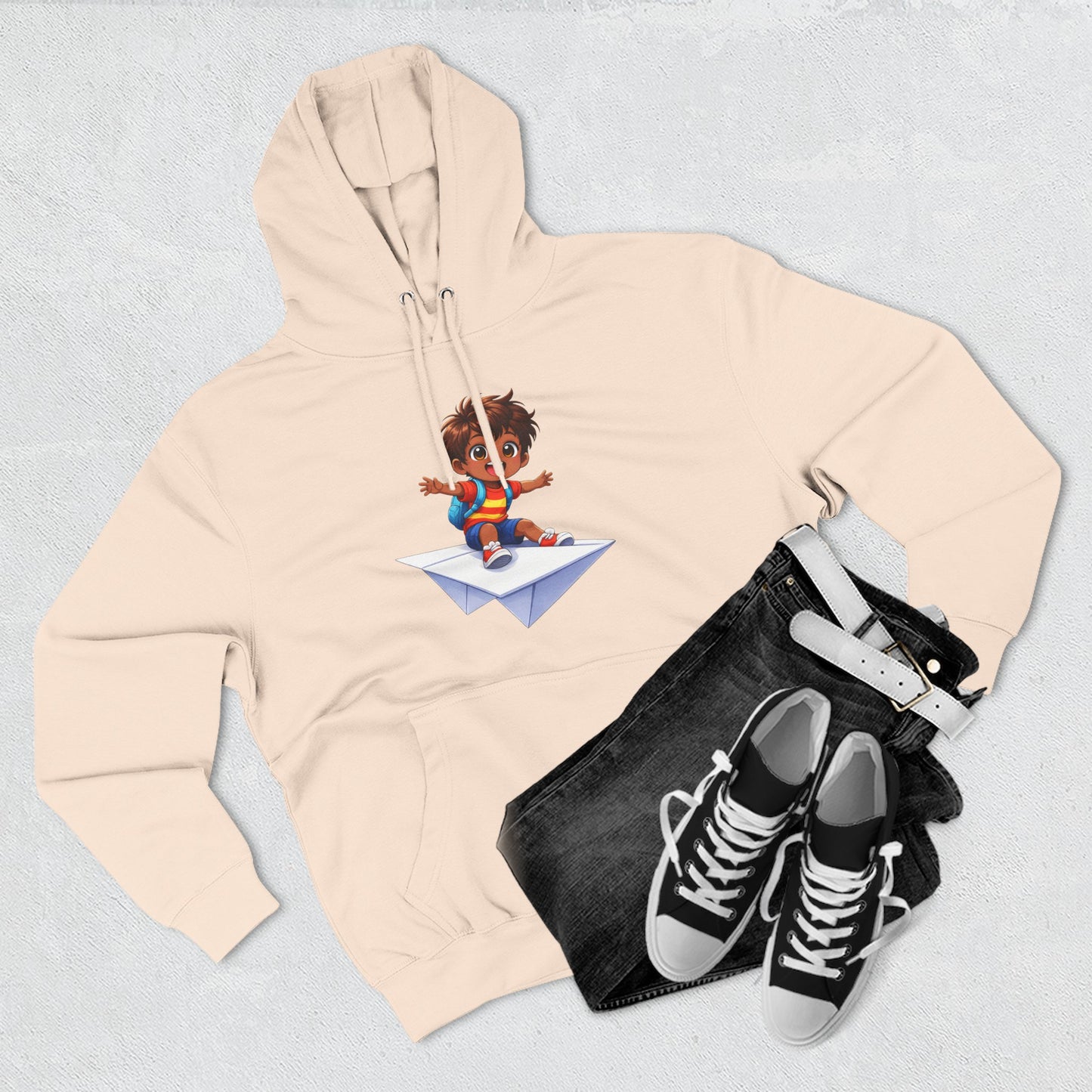 Kid Surfing Paper Plane Hoodie - Cute Cartoon Boy Graphic Pullover