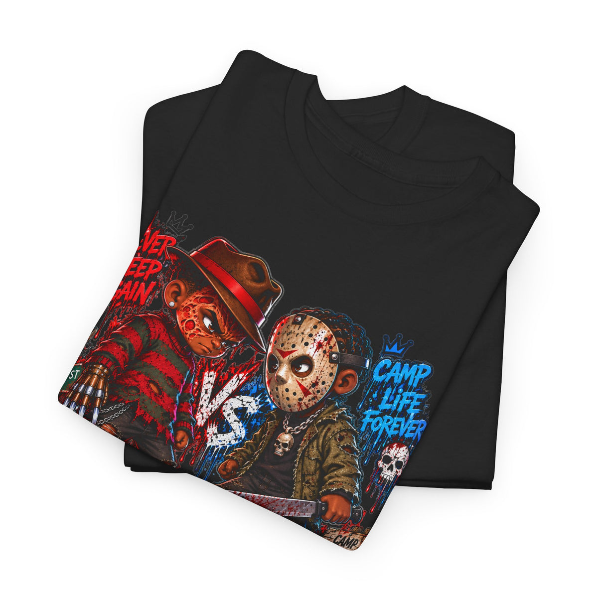 Horror Icons Tee — 'Freddy vs Jason' Cartoon Horror Graphic T-Shirt