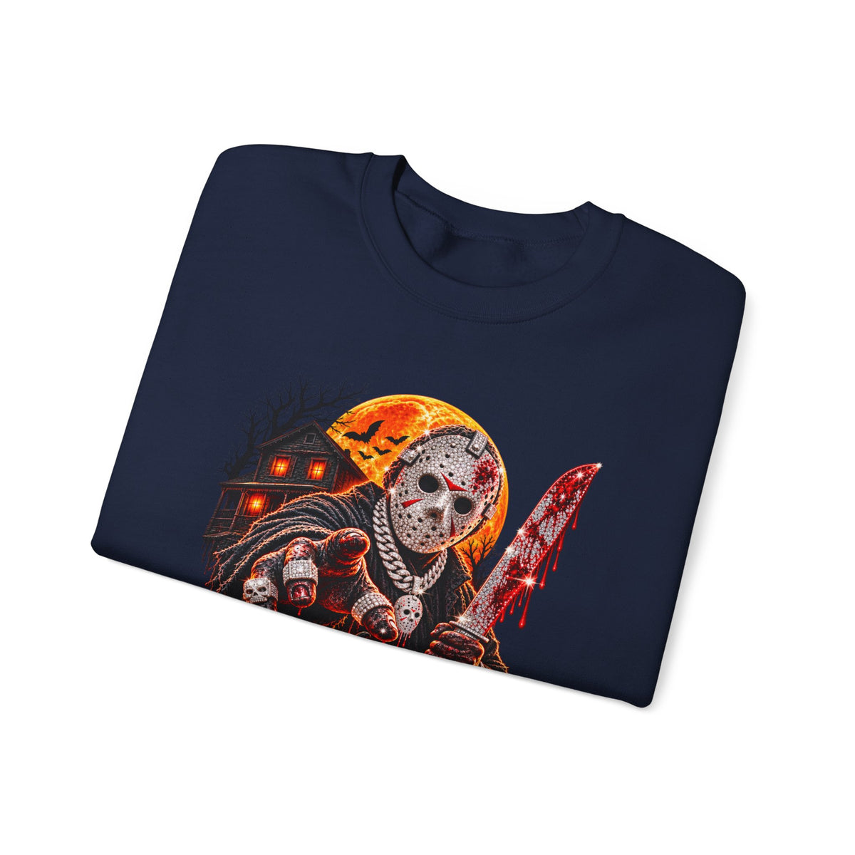 Halloween Slasher Crewneck Sweatshirt — Retro Jason Mask, Pumpkins & Blood Drip Graphic