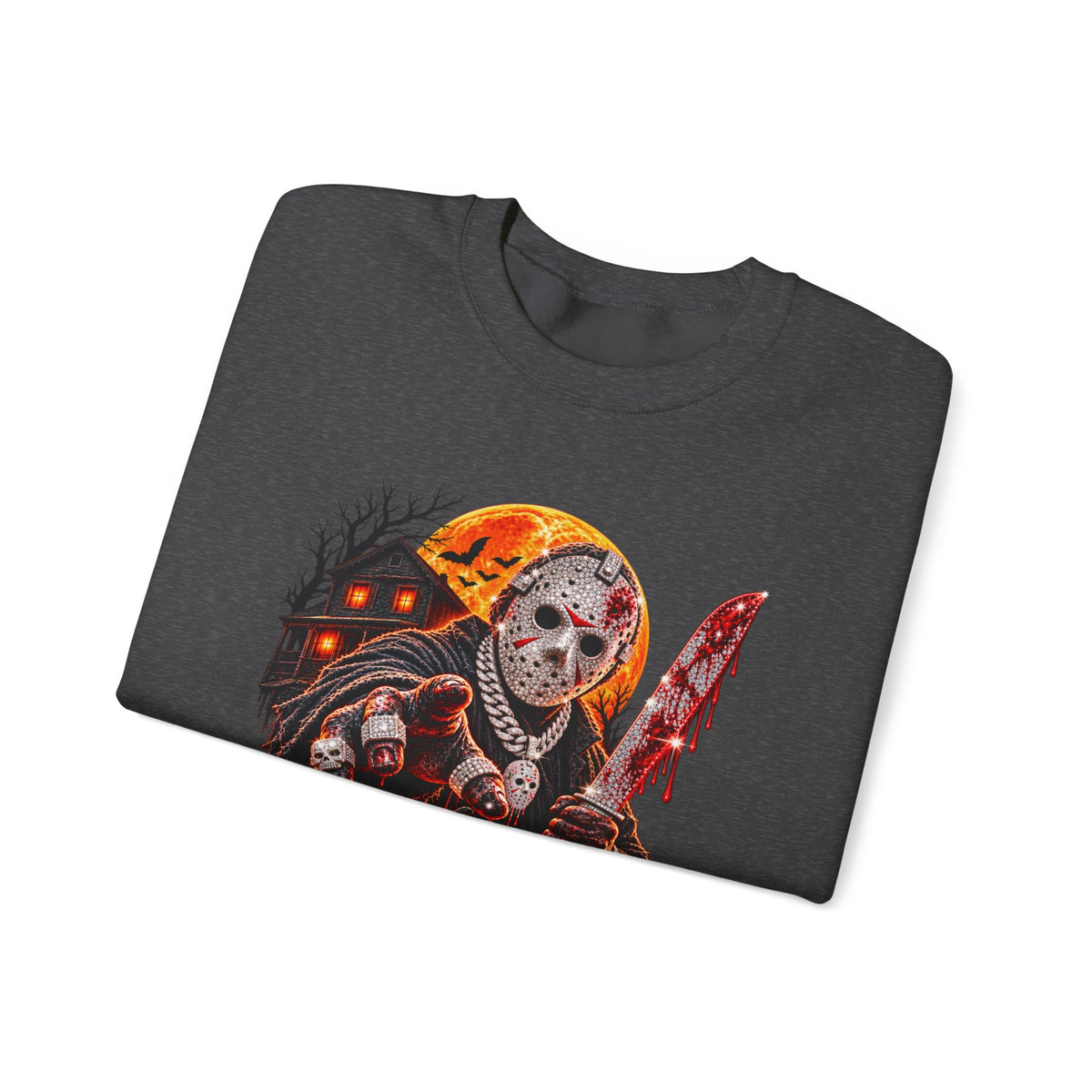 Halloween Slasher Crewneck Sweatshirt — Retro Jason Mask, Pumpkins & Blood Drip Graphic
