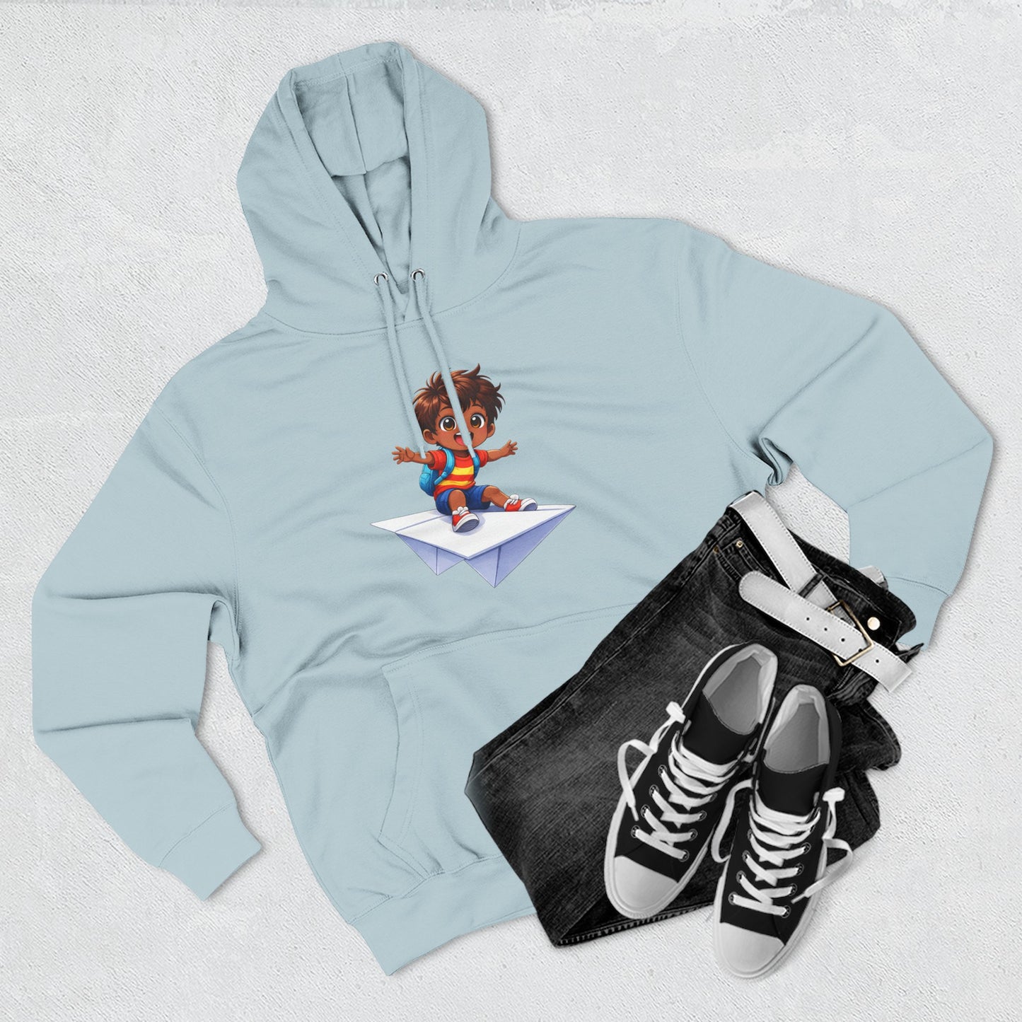 Kid Surfing Paper Plane Hoodie - Cute Cartoon Boy Graphic Pullover