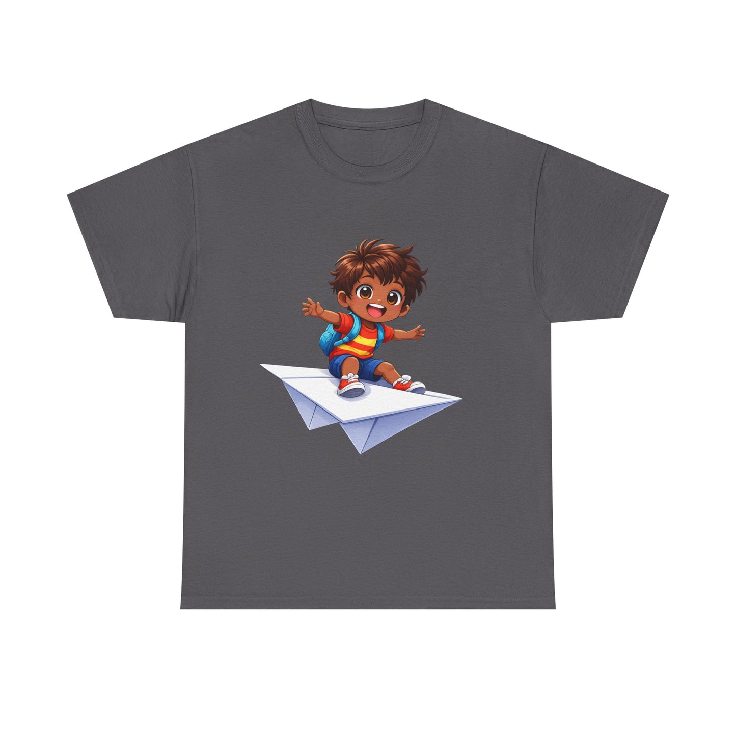 Kids Tee — Boy Riding Paper Airplane Cute Adventure Graphic Shirt