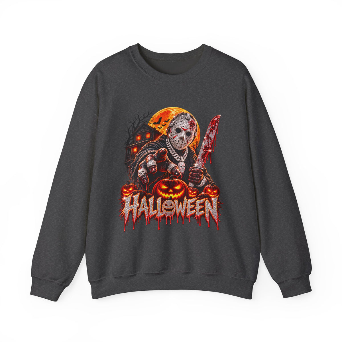 Halloween Slasher Crewneck Sweatshirt — Retro Jason Mask, Pumpkins & Blood Drip Graphic