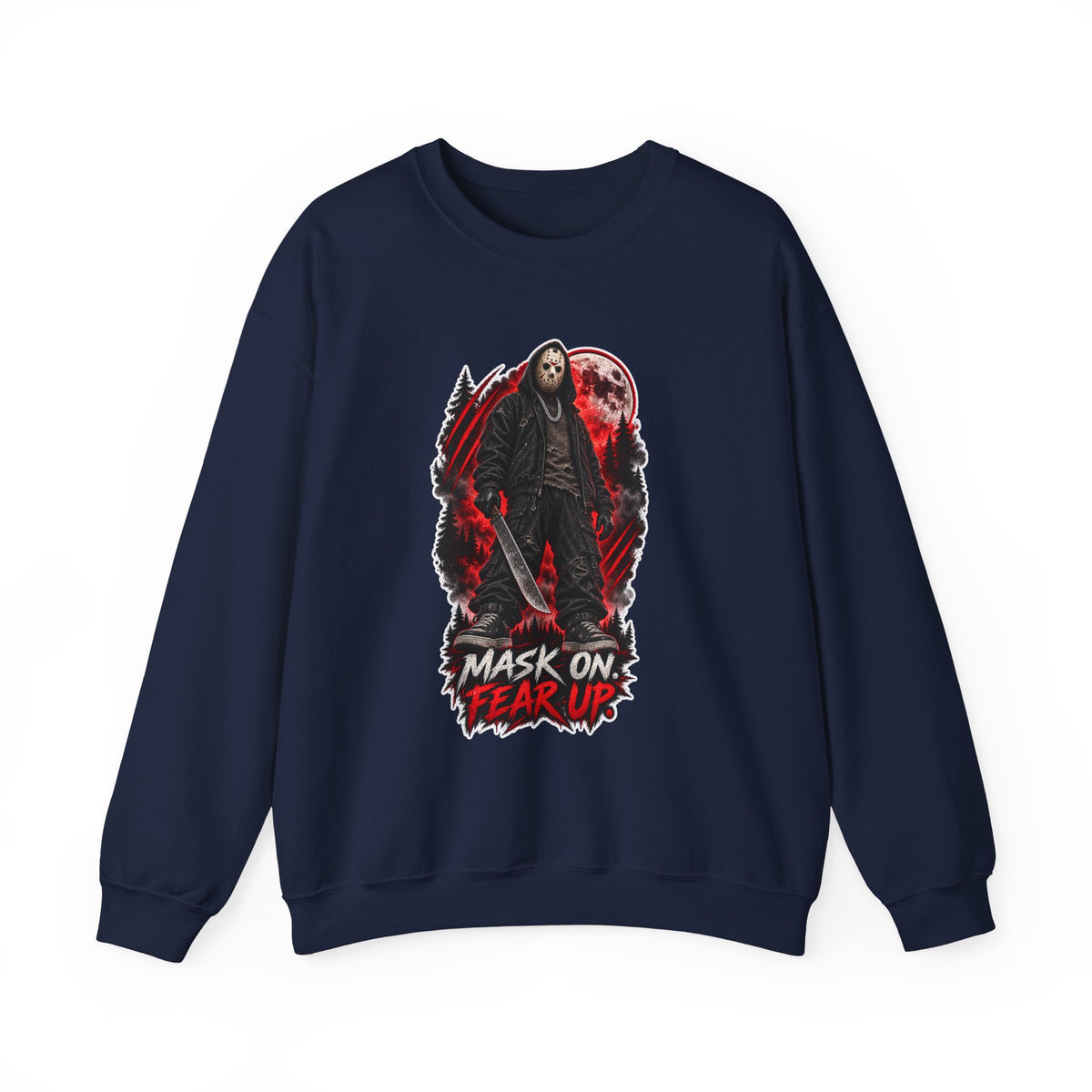Horror Mask Graphic Sweatshirt — "Mask On Fear Up" Crewneck