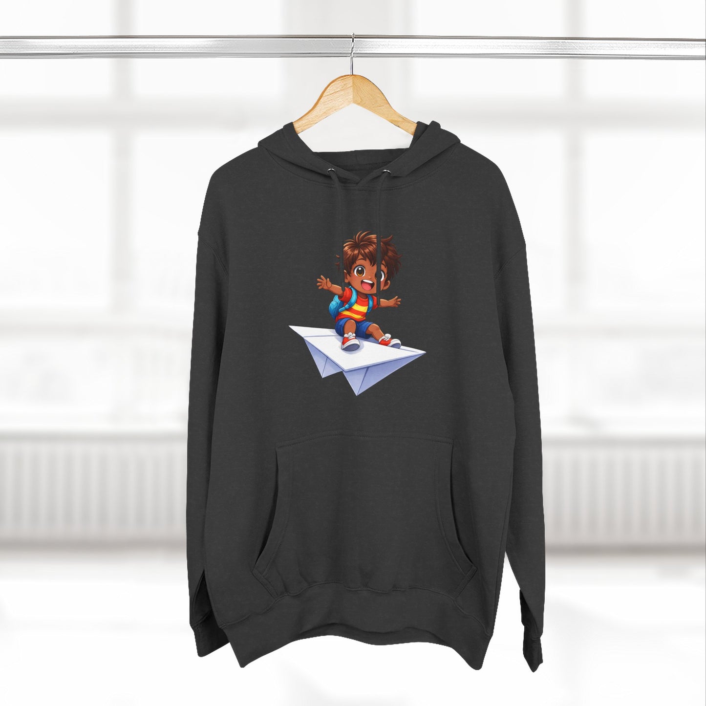 Kid Surfing Paper Plane Hoodie - Cute Cartoon Boy Graphic Pullover