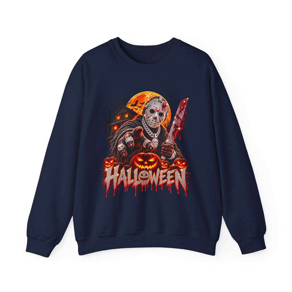 Halloween Slasher Crewneck Sweatshirt — Retro Jason Mask, Pumpkins & Blood Drip Graphic